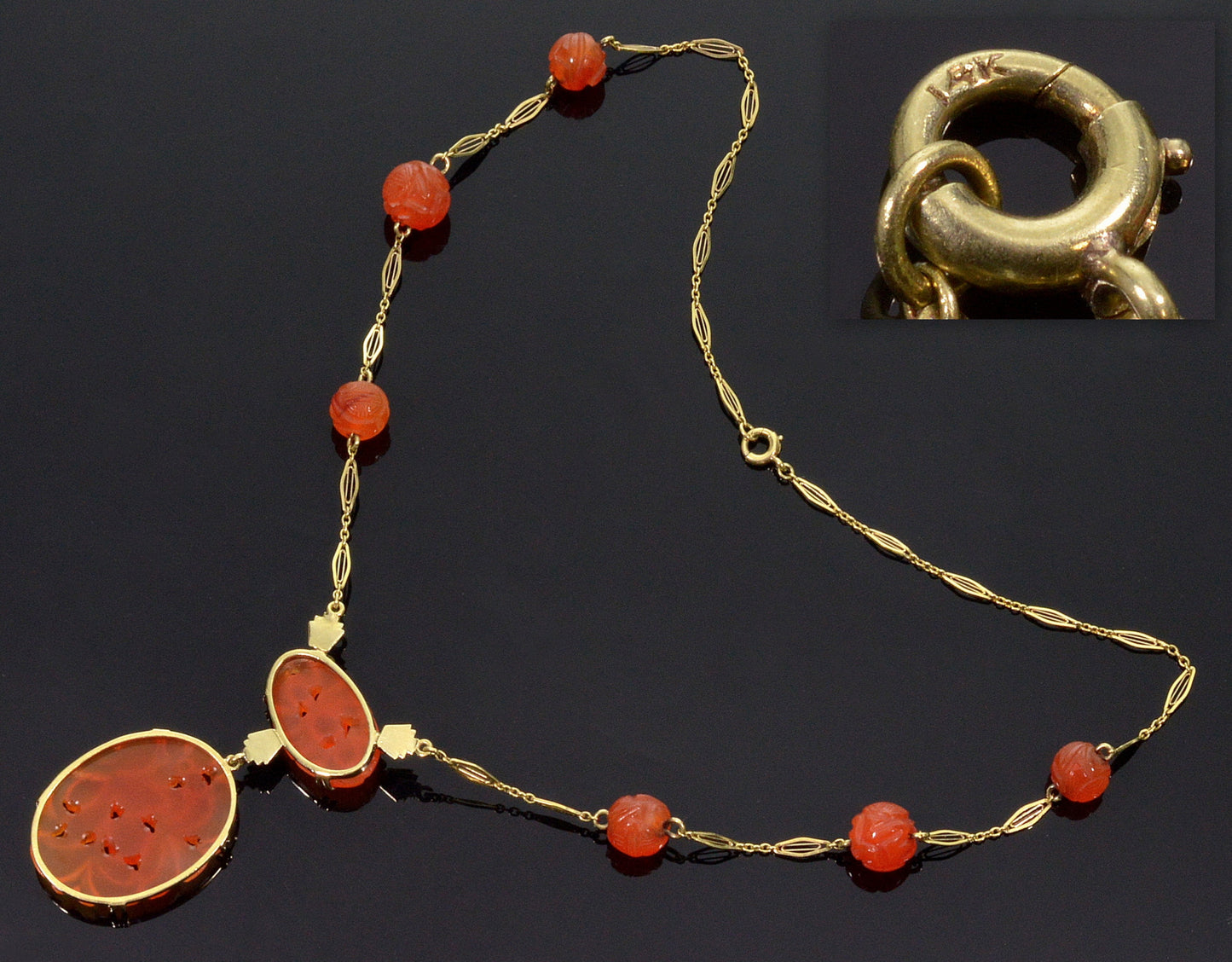 Antique Art Deco 14K Gold Carnelian Chain Necklace C.1920