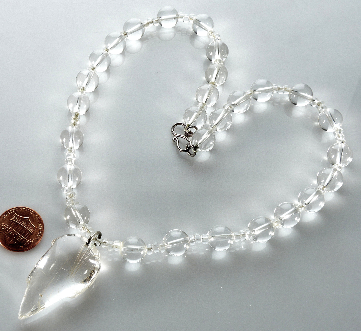 Rock Crystal Rutilated Quartz Leaf Pendant Necklace C.1950