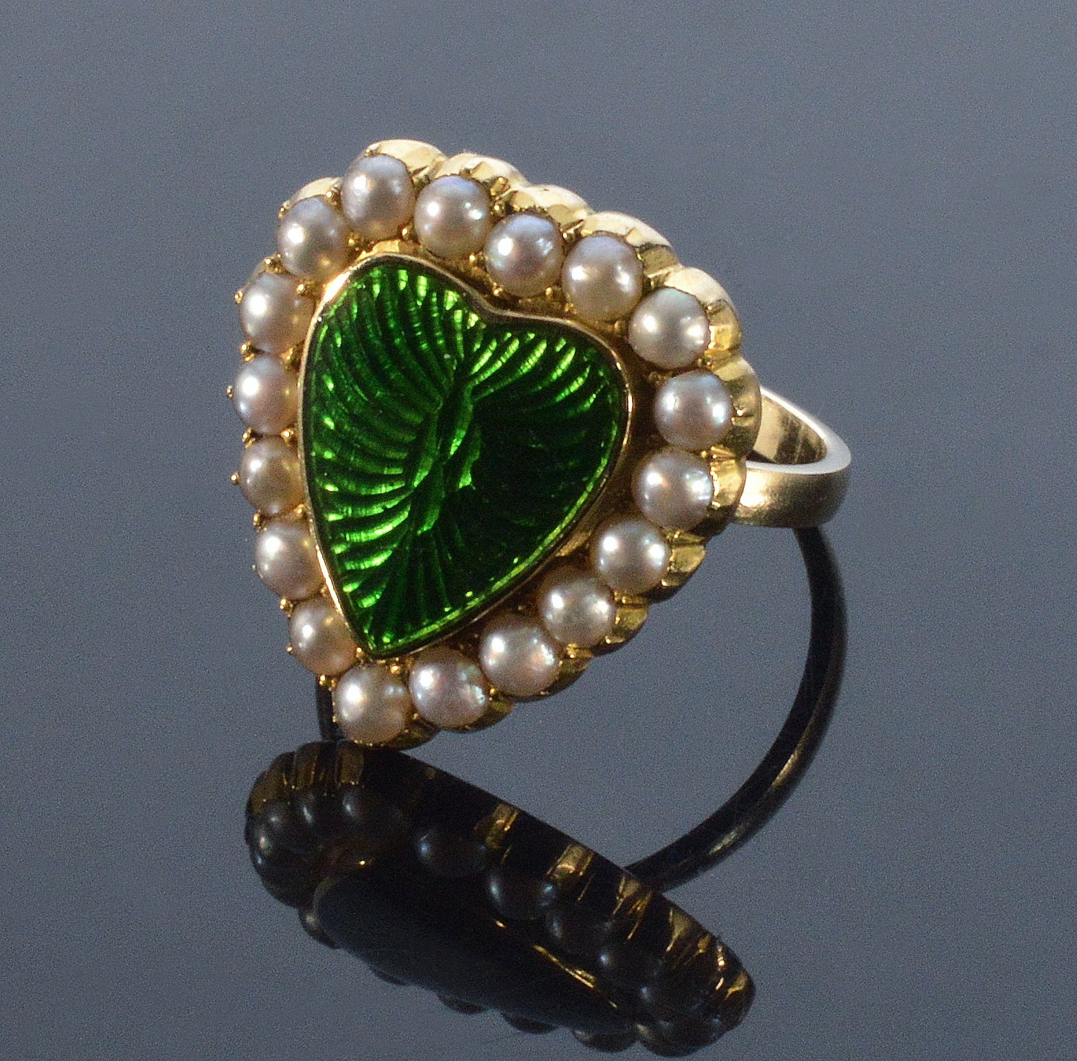 Antique Edwardian 14K Gold Pearl Enamel Heart Locket Ring C 1900