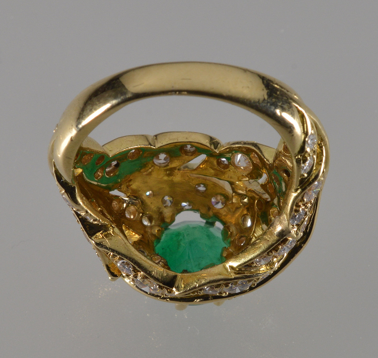 18K Gold Emerald Diamond Cocktail Ring Size 7.25 C.1980