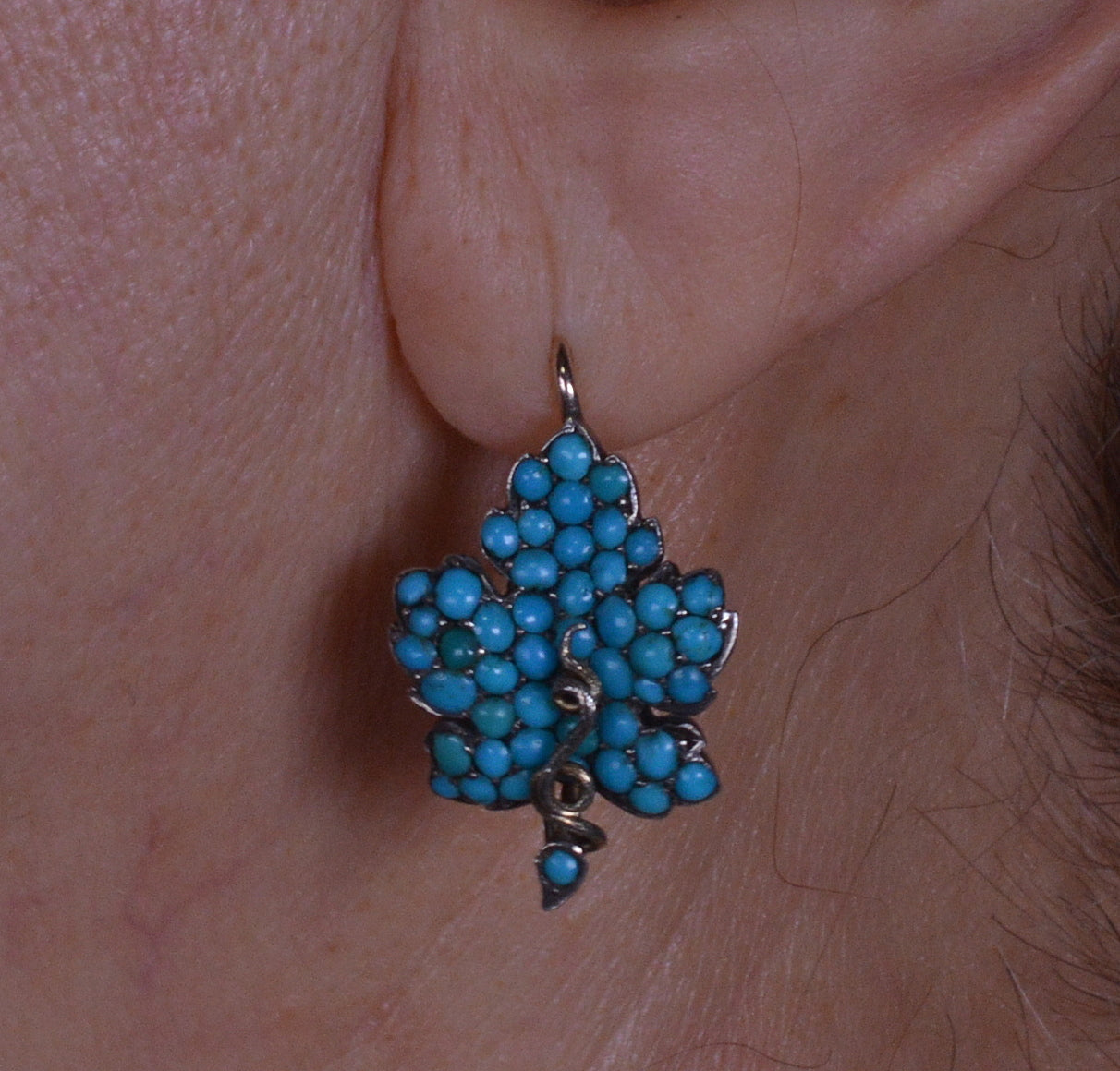 Victorian Turquoise 9K Gold Silver Leaf Earrings C.1890
