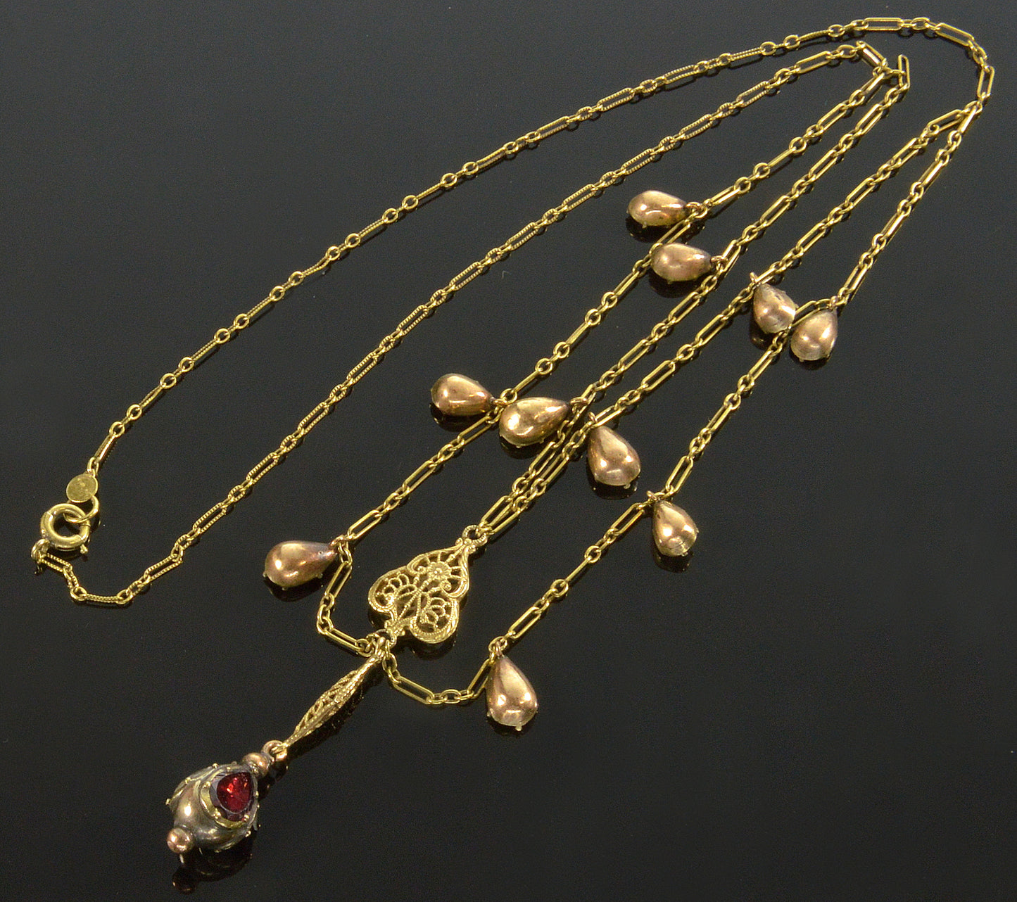 Antique Art Deco 14K Gold Chain Necklace Georgian Gemstones Drops