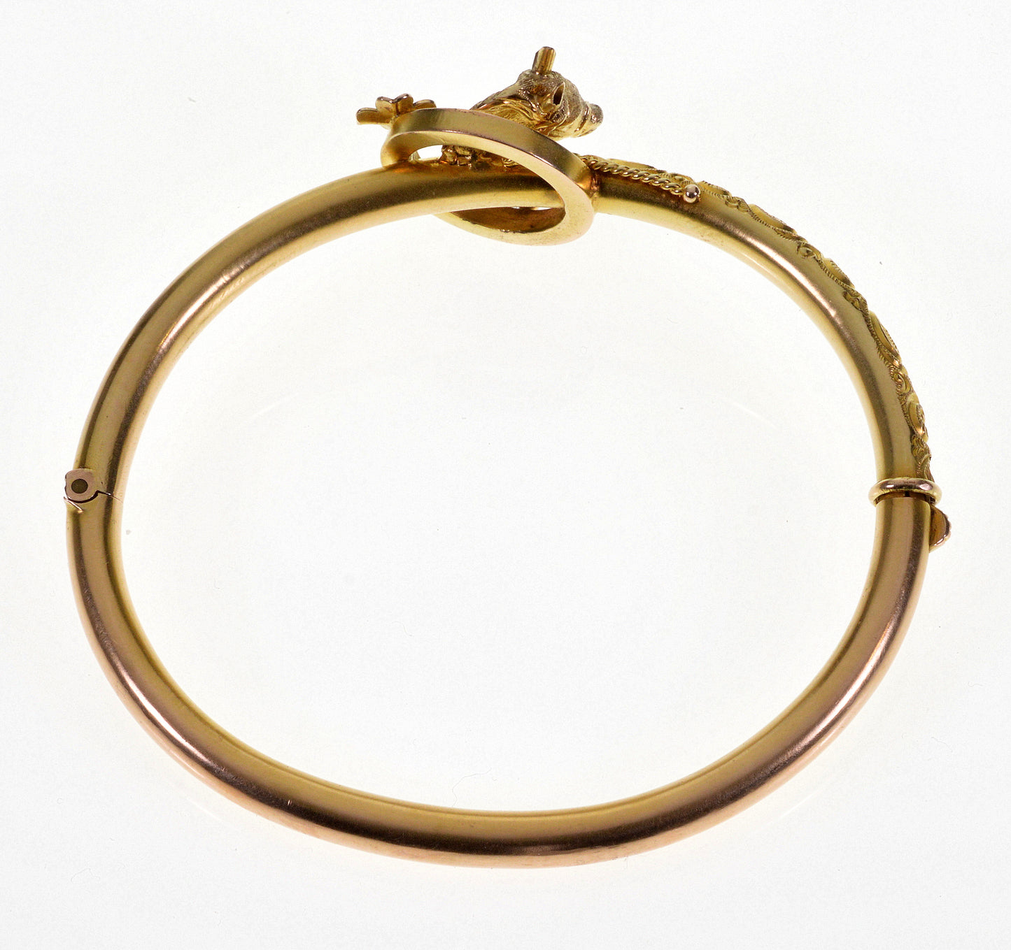 Victorian Horse Head 14K Gold Bangle Bracelet Diamond Ruby Size 6 1/2" C.1890