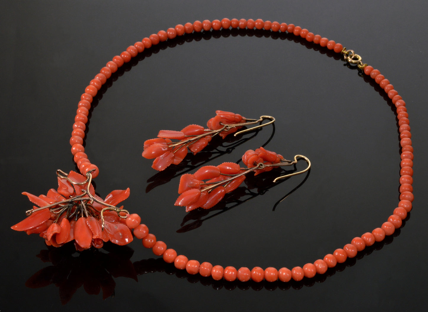 Victorian Salmon Red Coral 14K Gold Necklace Earrings Set C.1860