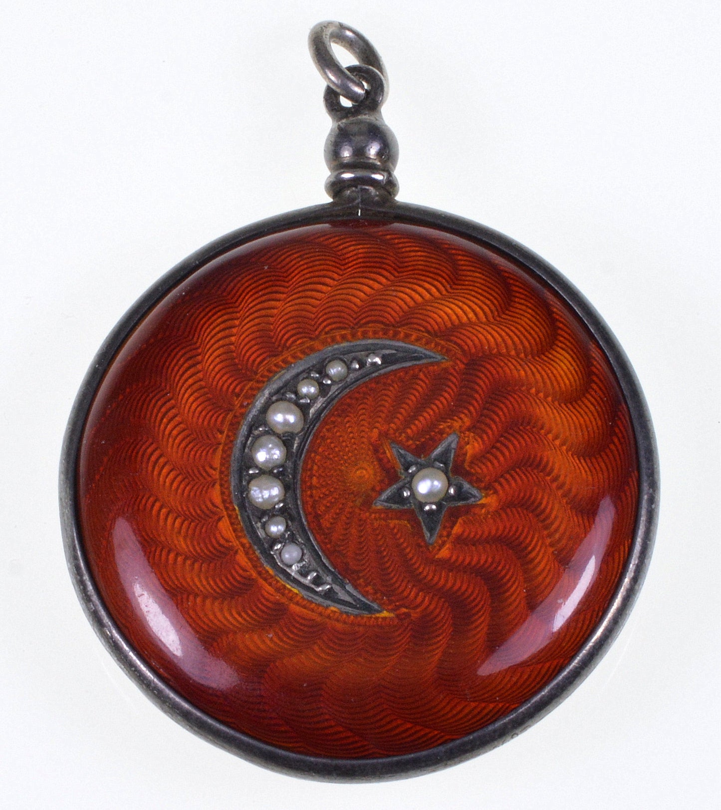 Art Nouveau Swiss Enamel Sterling Locket Pendant Pearl Crescent Star C.1900
