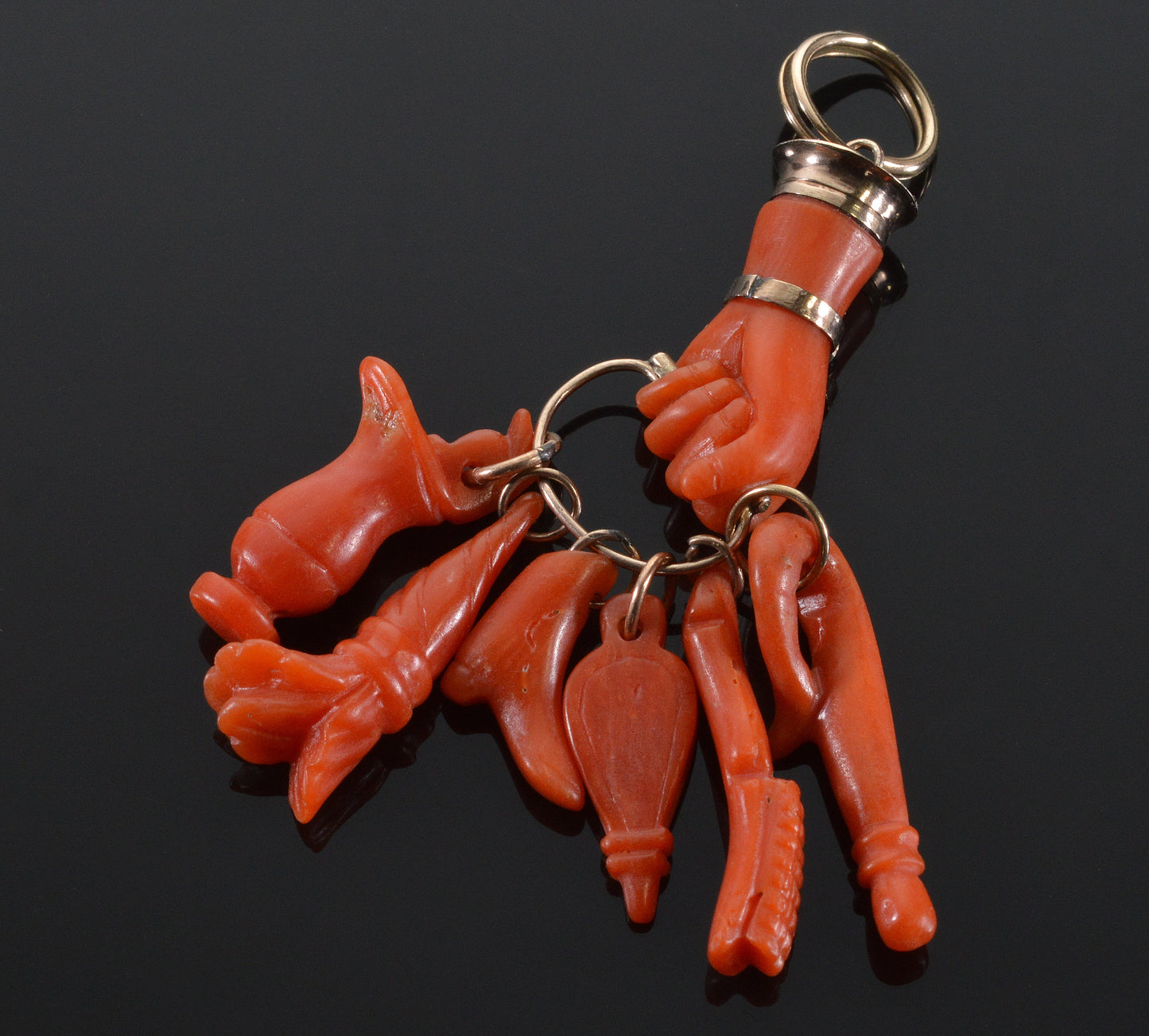 Antique Georgian 9K Gold Coral Hand Fist Charms Pendant C.1820