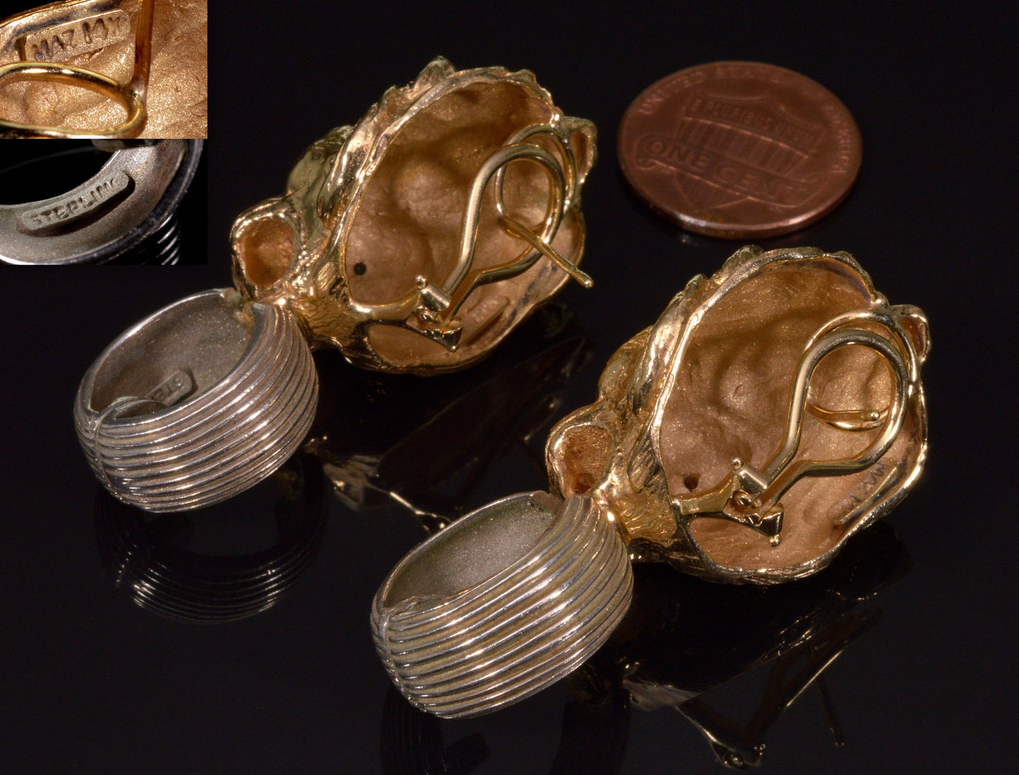 MAZ Large Lion's Head Earrings Bracelet Set 14K Gold Sterling Emerald