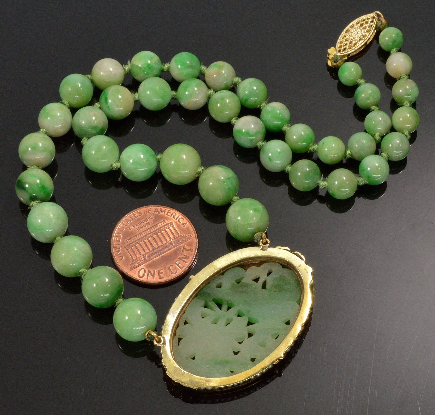 Products Antique Art Deco 14K Jadeite Jade Hand Carved Plaque Bead Seed Pearl Necklace C.1920