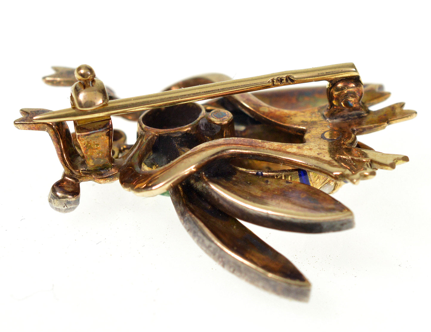 Antique Victorian 14K Gold Bee Brooch Diamond Emerald Pearl Ruby Enamel C.1890