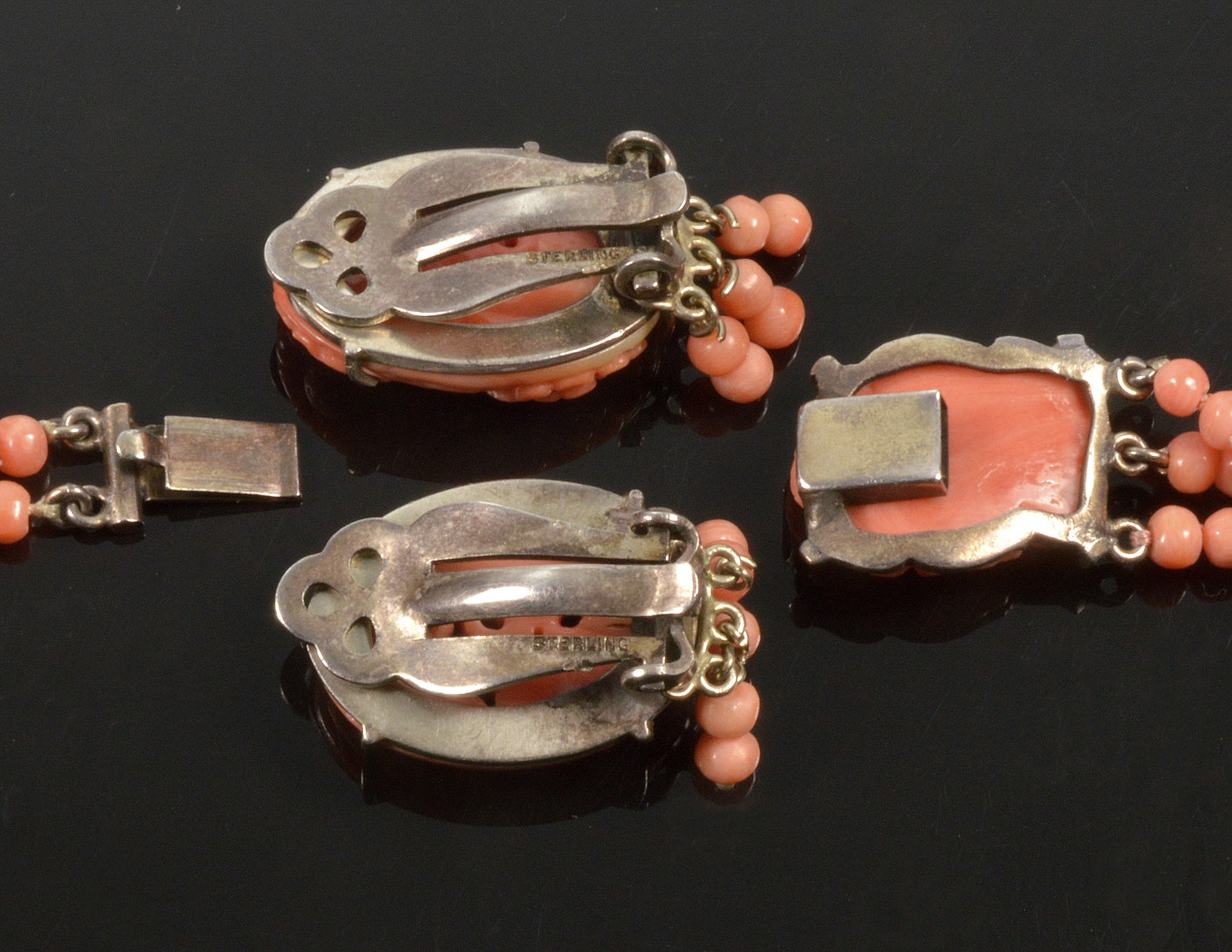 Antique Art Deco Chinese Carved Salmon Coral Necklace Earrings Set