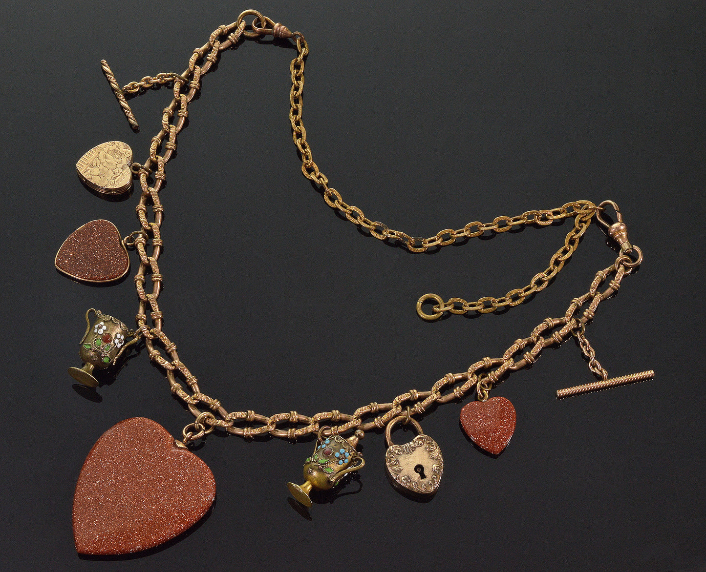 Antique Victorian Heart Necklace 9K Goldstone Pendants Locket GF Fancy Chain C.1860