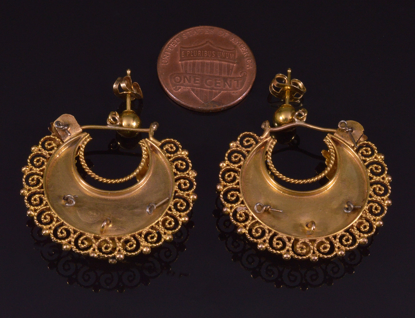 Antique Victorian Etruscan Revival 14K Gold Earrings Pearls Flowers C.1860