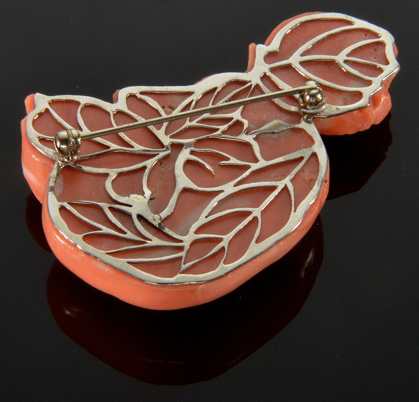 Antique Salmon Coral Hand Carved Large Fruit Sterling Brooch C.1900