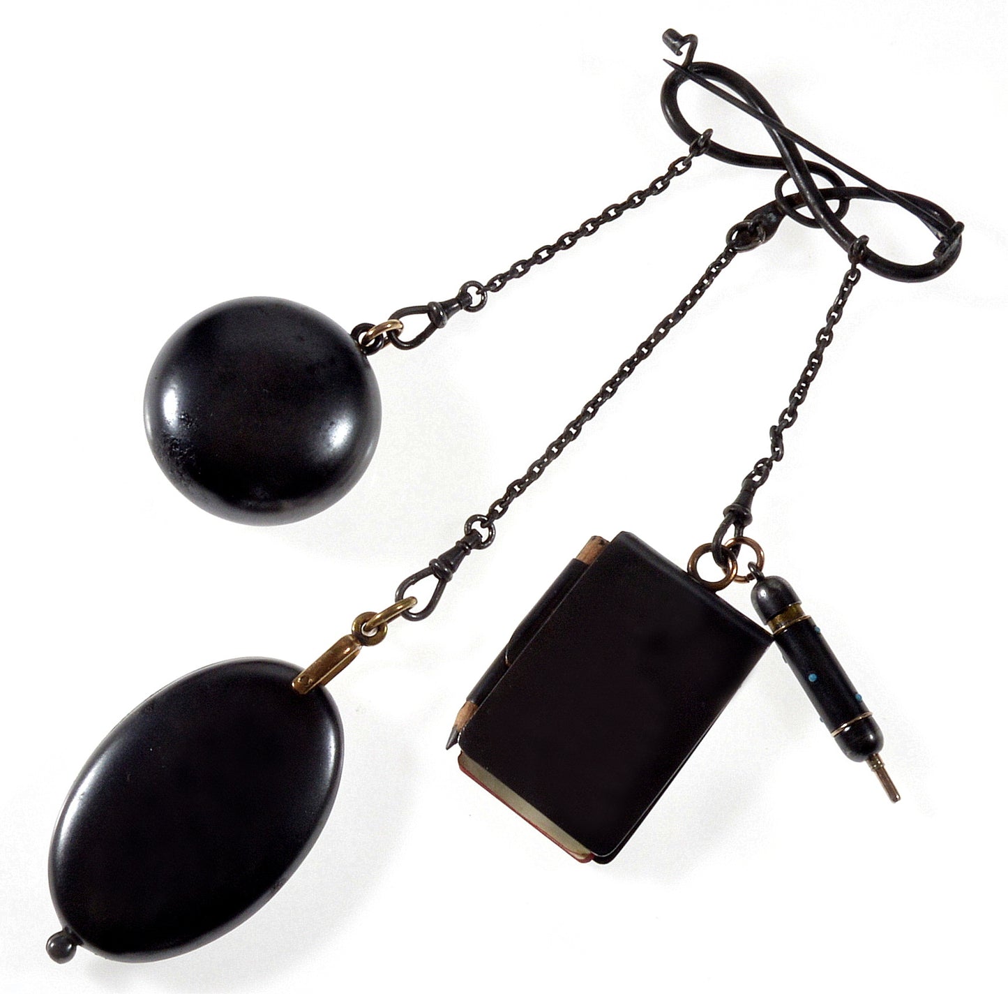 Victorian Gunmetal Turquoise Lockets Snake Chatelaine Brooch Pin C.1880