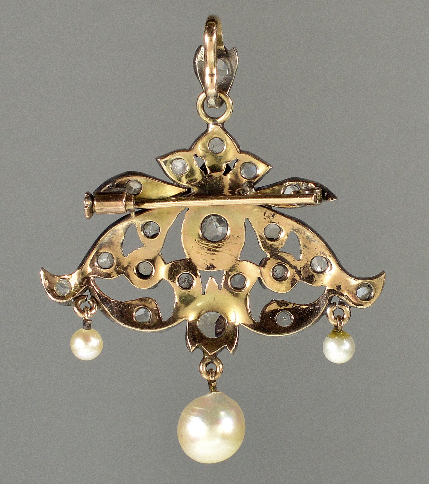 Antique Victorian Belle Epoque 14K Silver Topped Gold Diamond Pearl Pendant Brooch C.1890