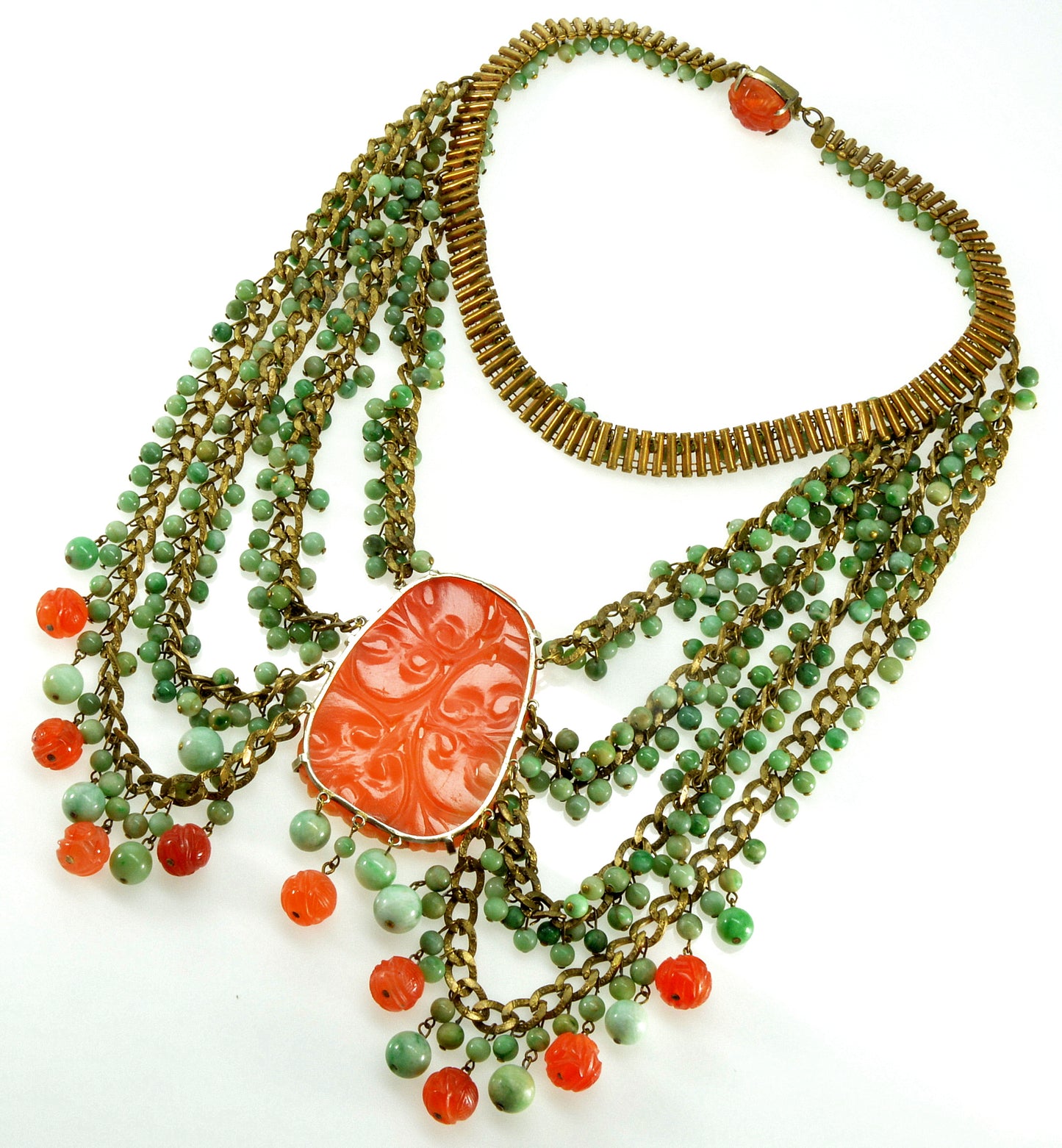 Art Deco Apple Green Red Jadeite Jade Brass Swag Necklace C.1920