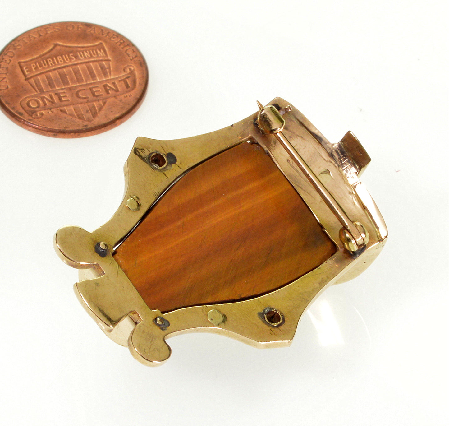 Antique Egyptian Revival 14K Gold Pharaoh Brooch Enamel Diamond Ruby Tiger's Eye C.1900