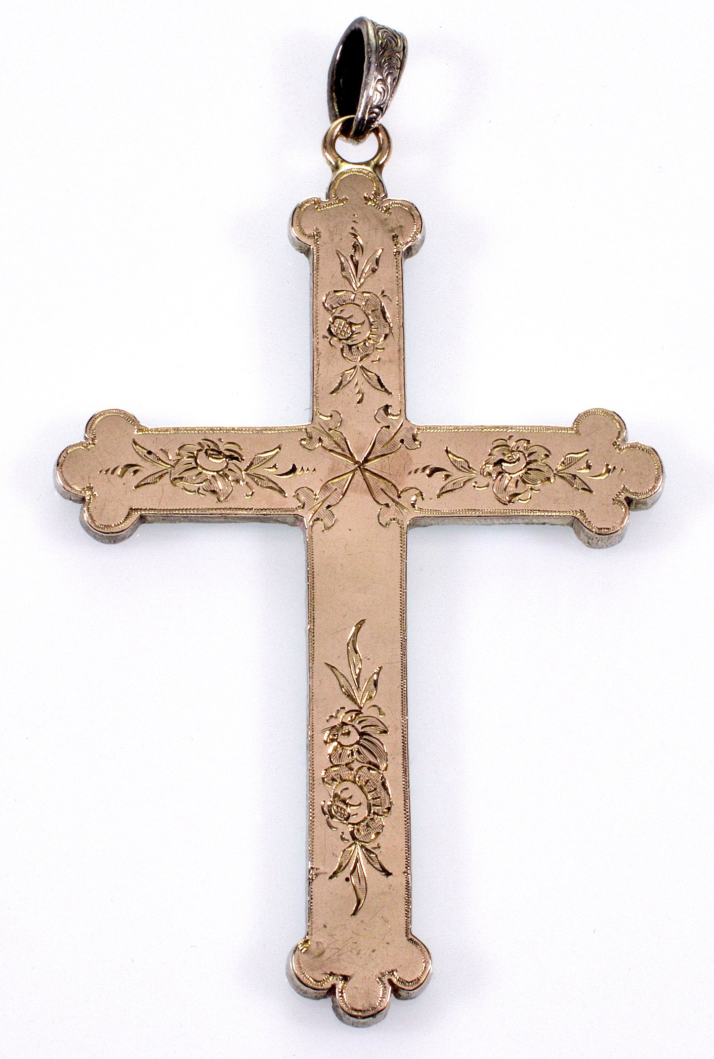 Antique Victorian 9K Gold Turquoise Cross Pendant C.1880 Pave Turquoise Carved Roses