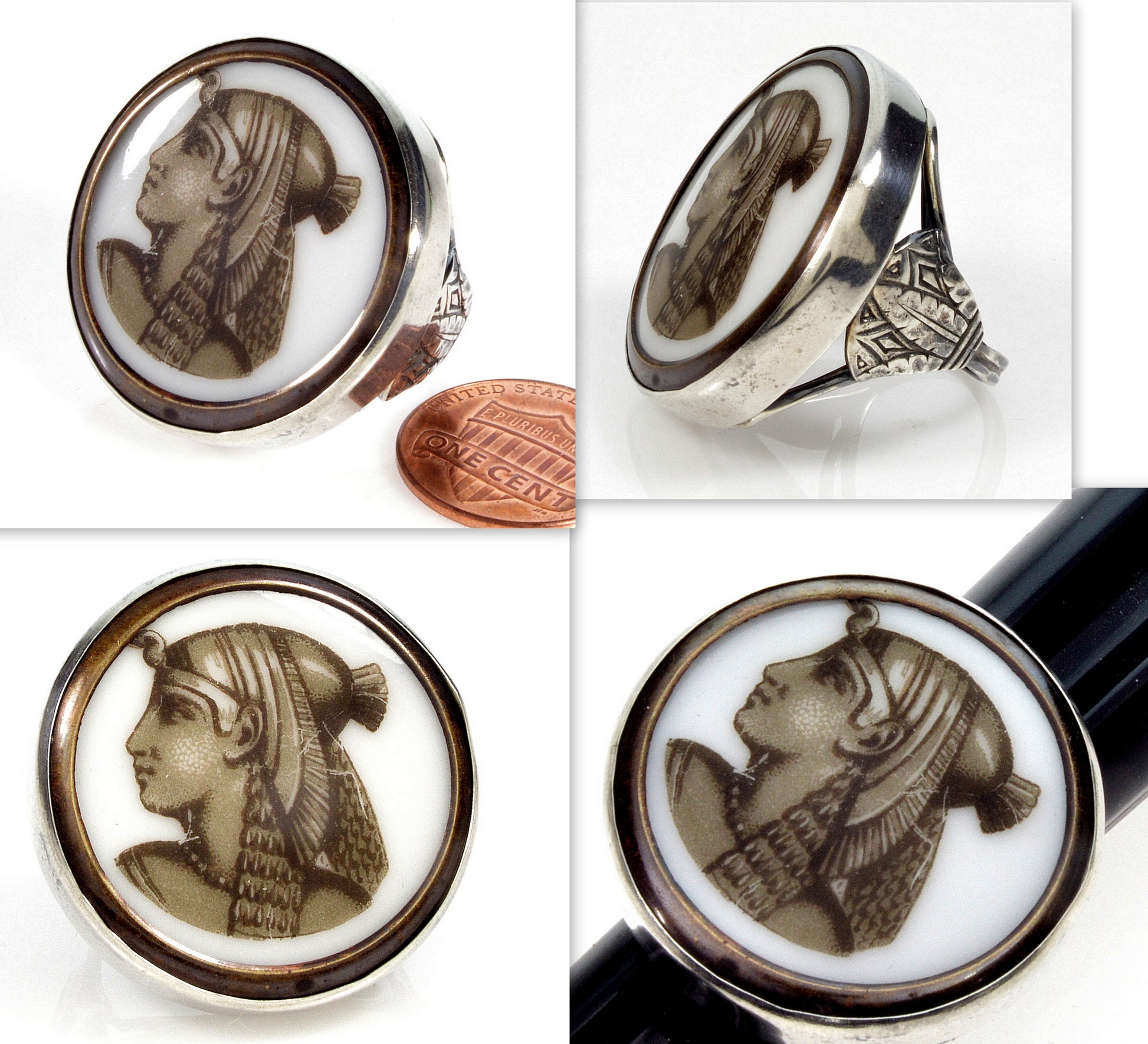 Antique French Art & Crafts Egyptian Revival Sterling Ring Cleopatra Sepia Enamel Cameo Size 7 C.1870