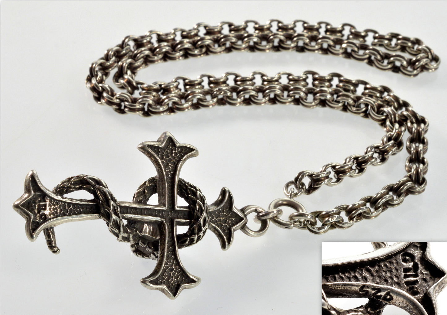 Italian Milor Gothic Sterling Cross Snake Pendant Chain Necklace Signed