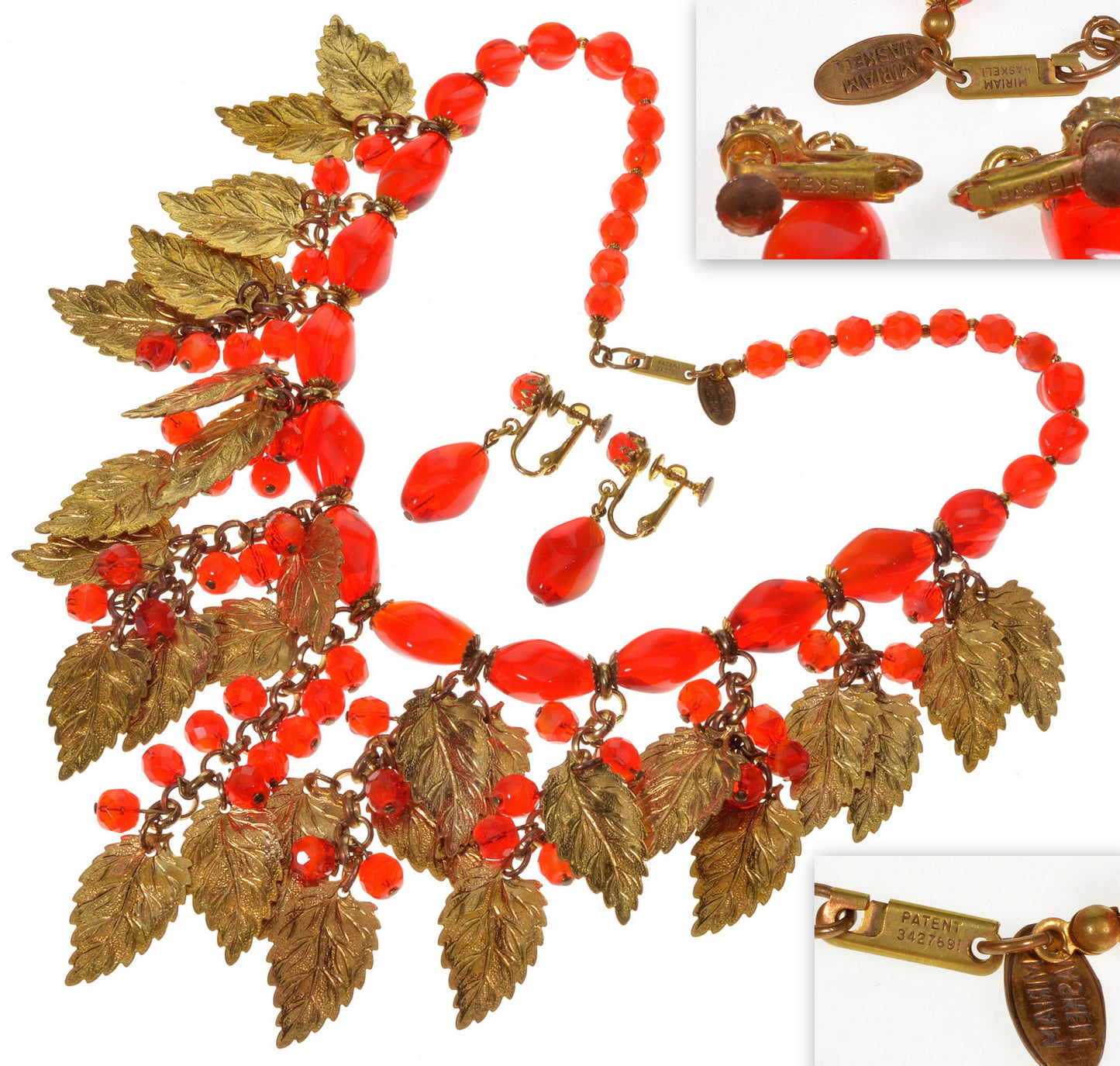 Miriam Haskell Lipstick Red Glass Brass Leaves Necklace Earrings Set Signed C.1970