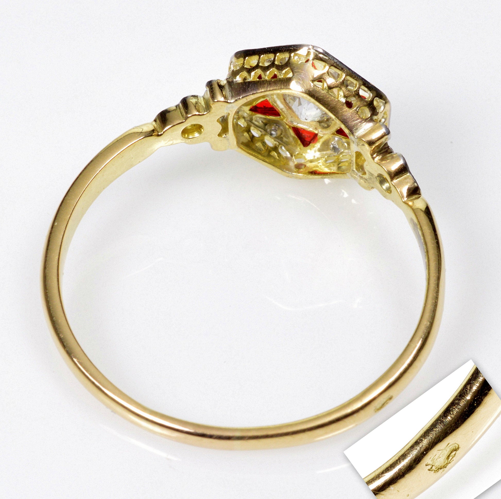 Art Deco French 18K Gold Ring Diamond Plique-à-jour Enamel Size 8 1/2 C.1920