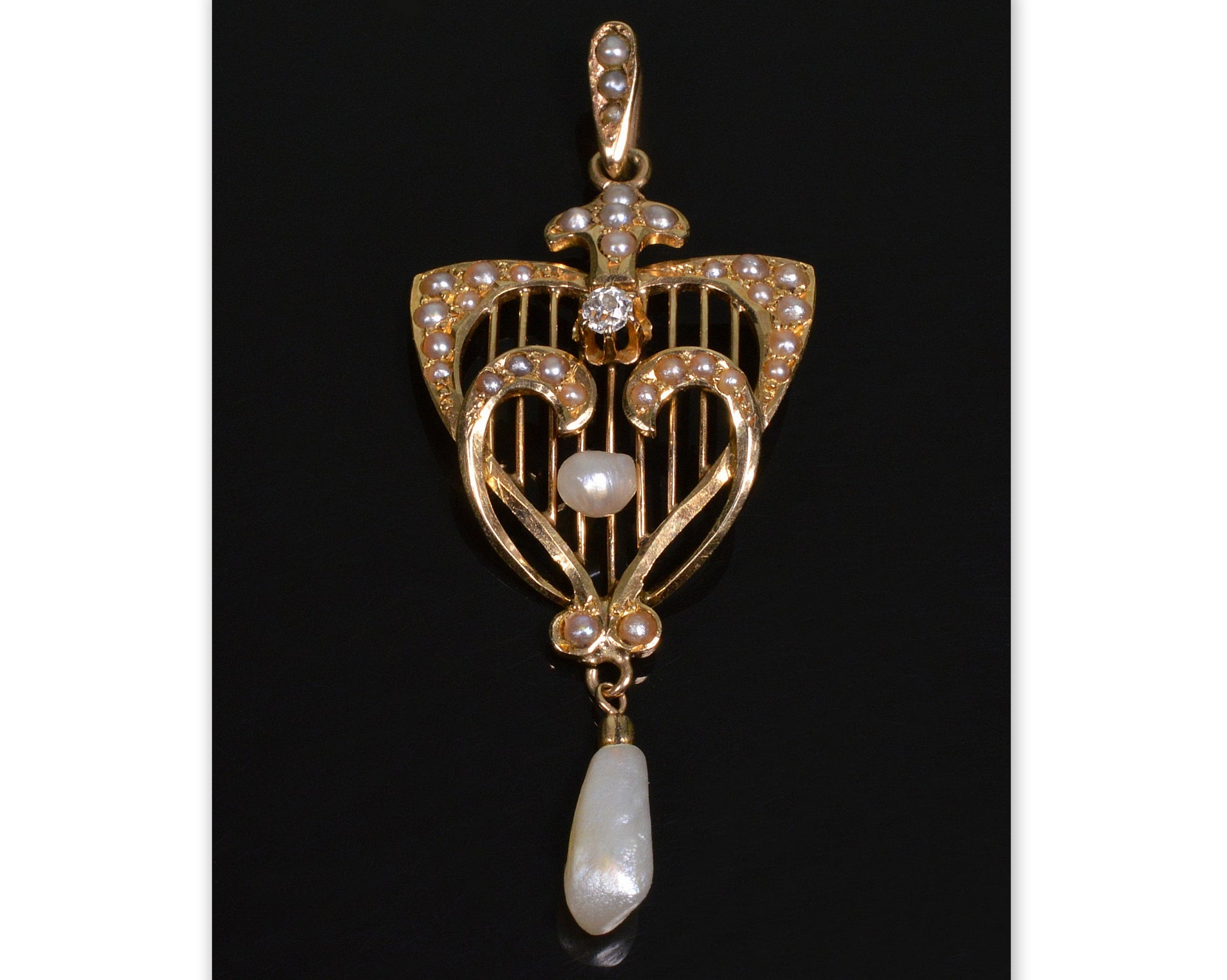 Antique Edwardian 14K Gold Diamond Pearl Pendant C.1900