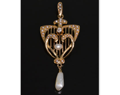 Antique Edwardian 14K Gold Diamond Pearl Pendant C.1900