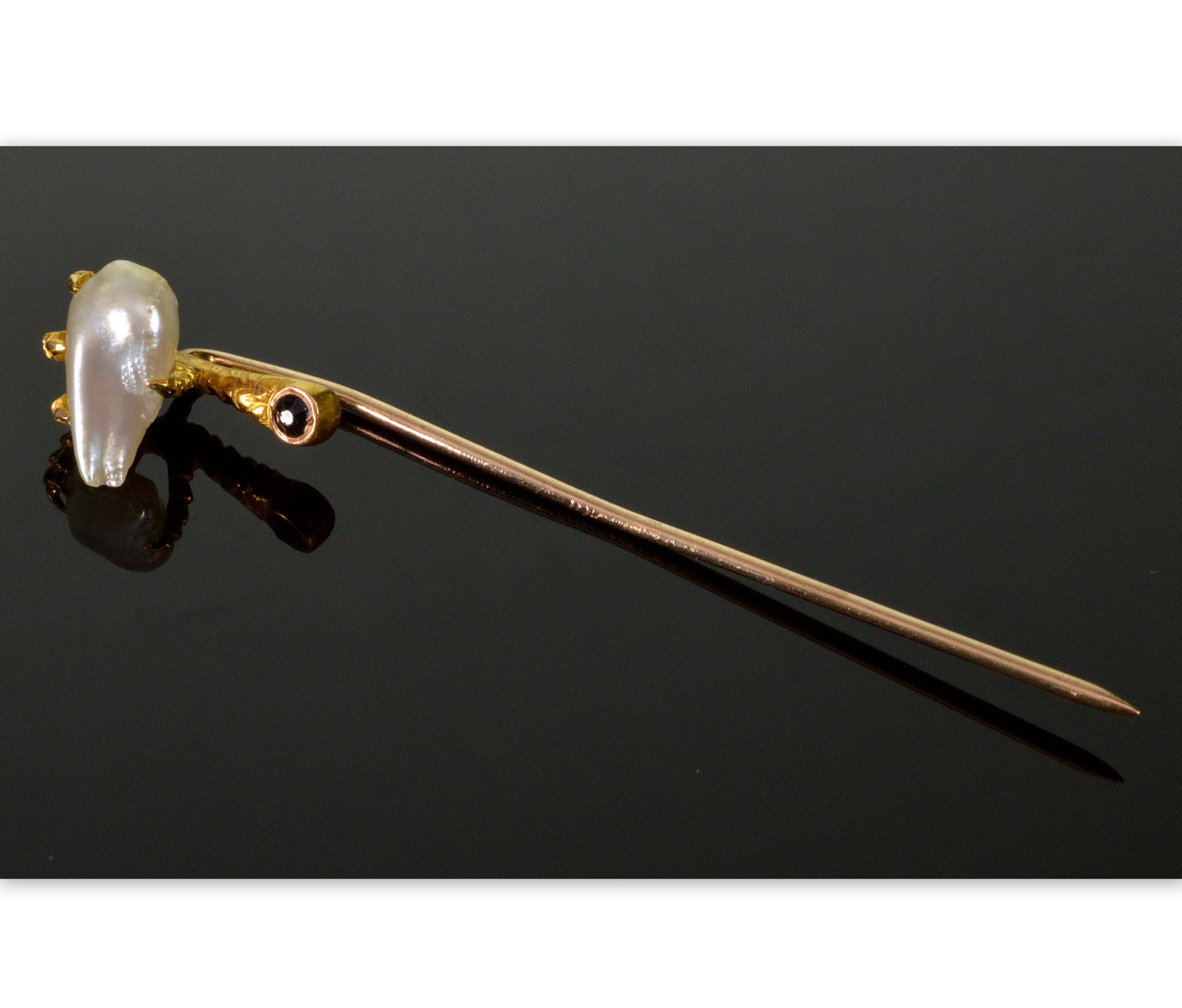 Antique Art Nouveau 10K Gold Eagle Talon Claw Stick Pin Baroque Pearl Sapphire C.1900