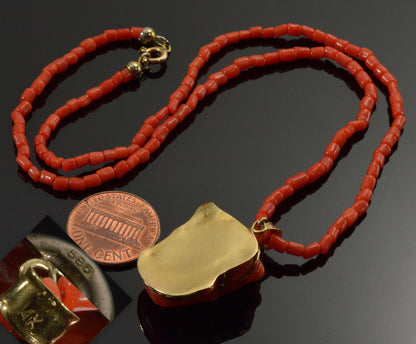 Antique Victorian 14K Red Coral Cameo Pendant Necklace C.1890