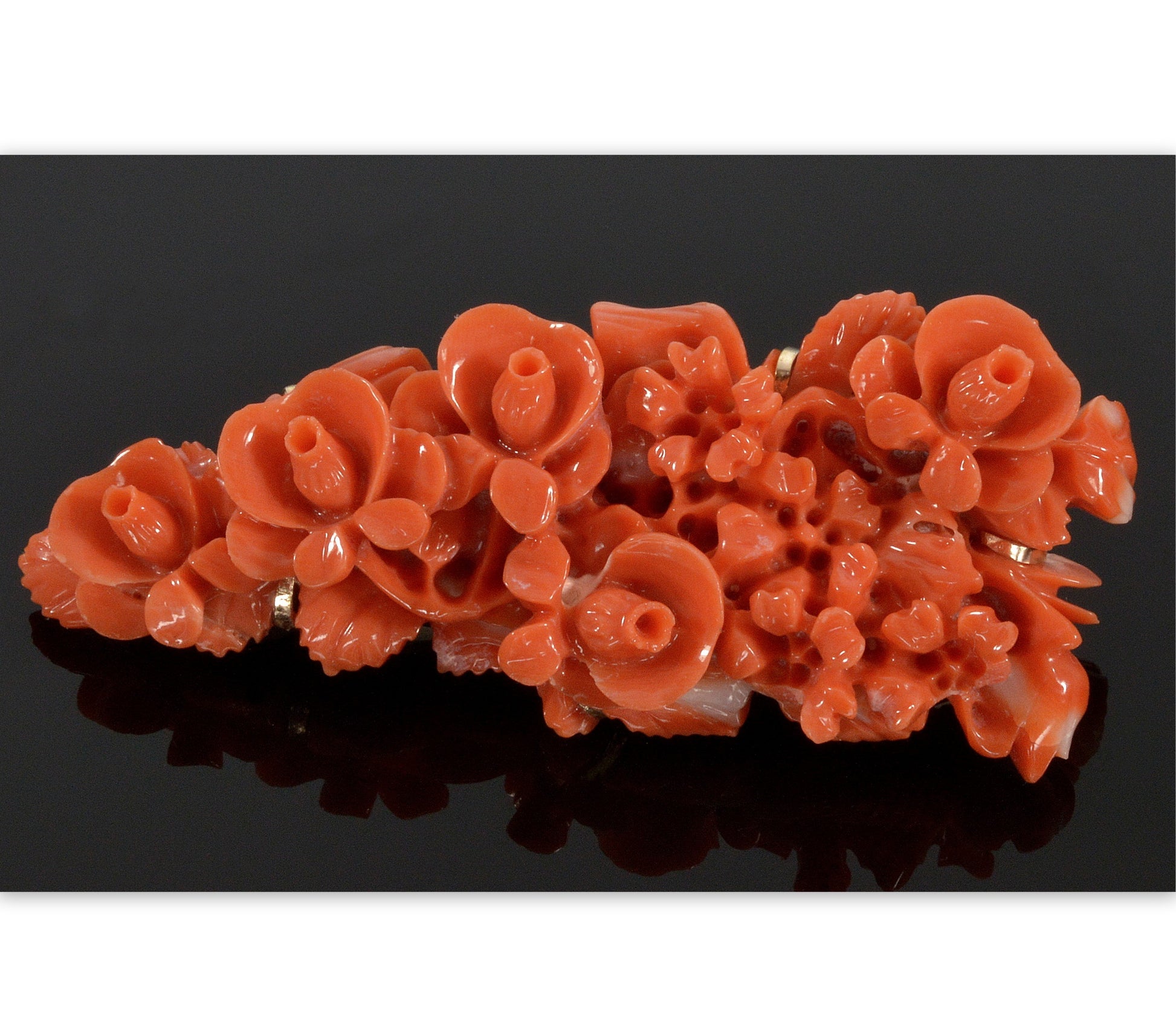 Estate Carved Salmon Coral Roses 14K Brooch Pin C.1930