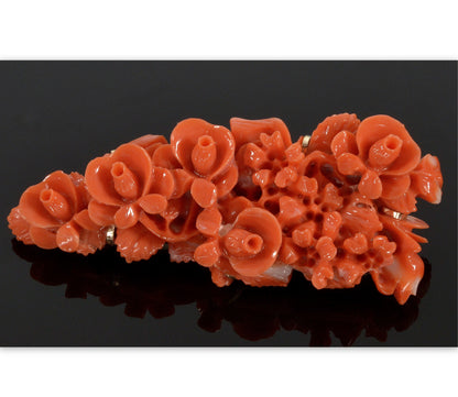 Estate Carved Salmon Coral Roses 14K Brooch Pin C.1930