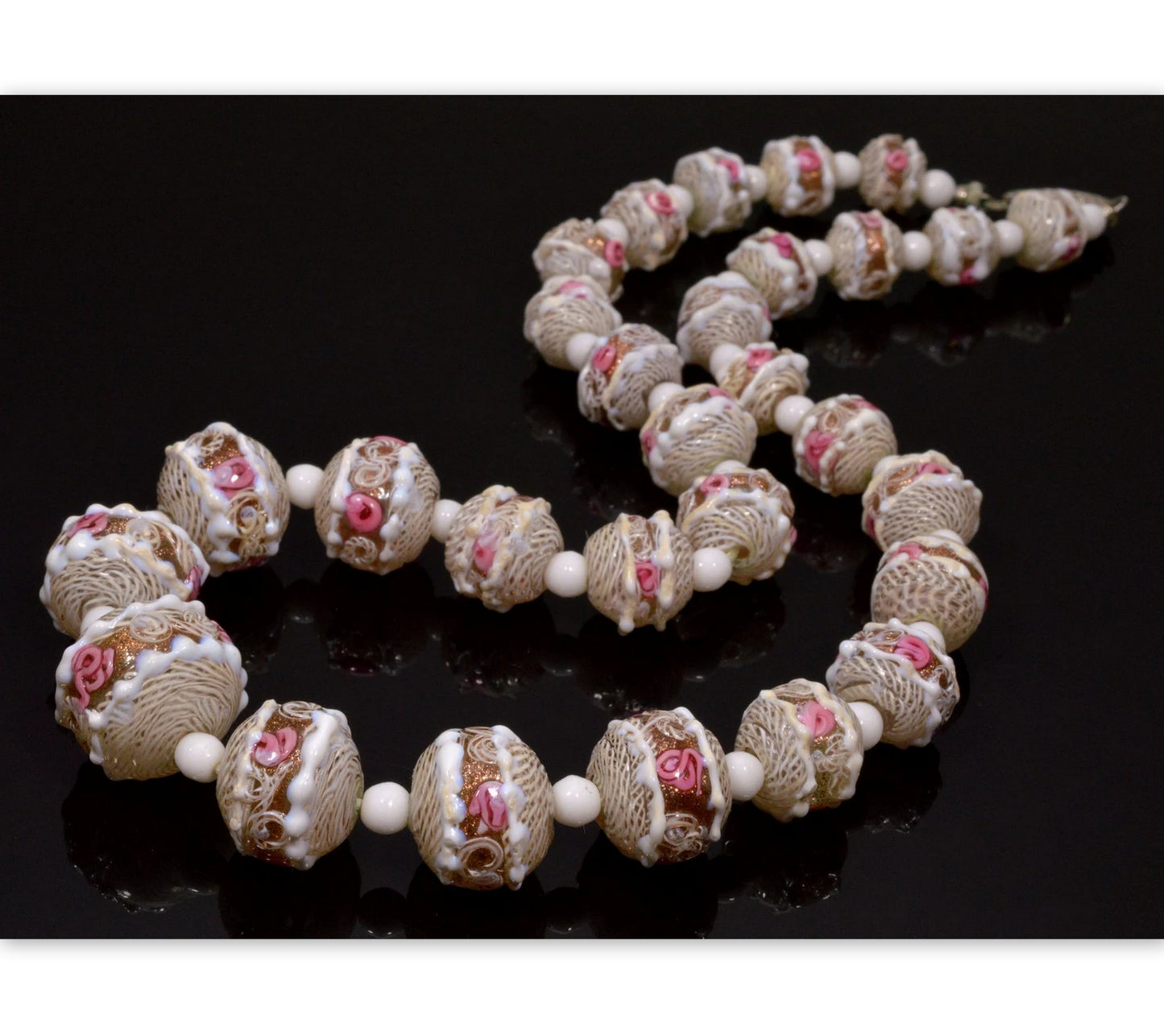 Antique Murano Venetian Glass Necklace Latticino Lamp Work Beads C.1930