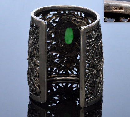 Antique Chinese Jadeite Jade Sterling Dragon Wedding Cuff Bracelet C.1890