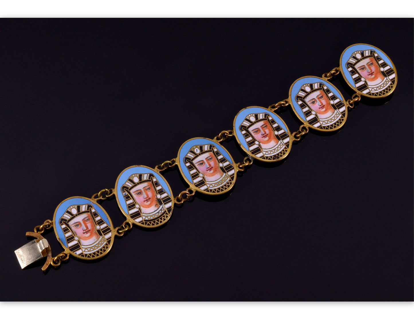 Art Deco Egyptian Revival French Enamel Pharaoh Bracelet C.1920