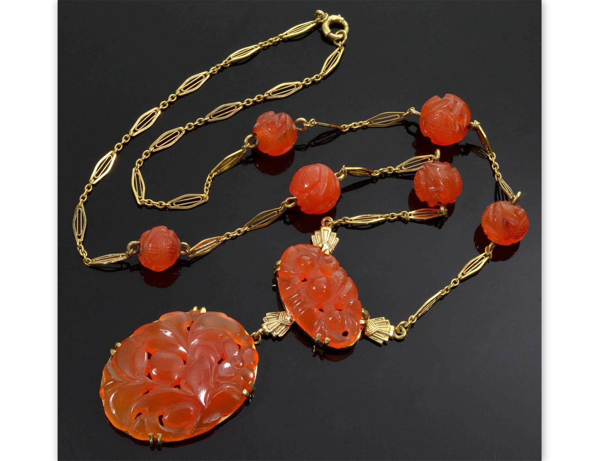 Antique Art Deco 14K Gold Carnelian Chain Necklace C.1920