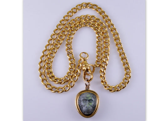 Georgian Carved Labradorite Monkey 9K Gold Pendant GF Chain Necklace C.1820