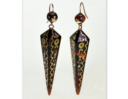 Antique Victorian Pique Inlaid Gold & Silver Drop Earrings C.1860 003604