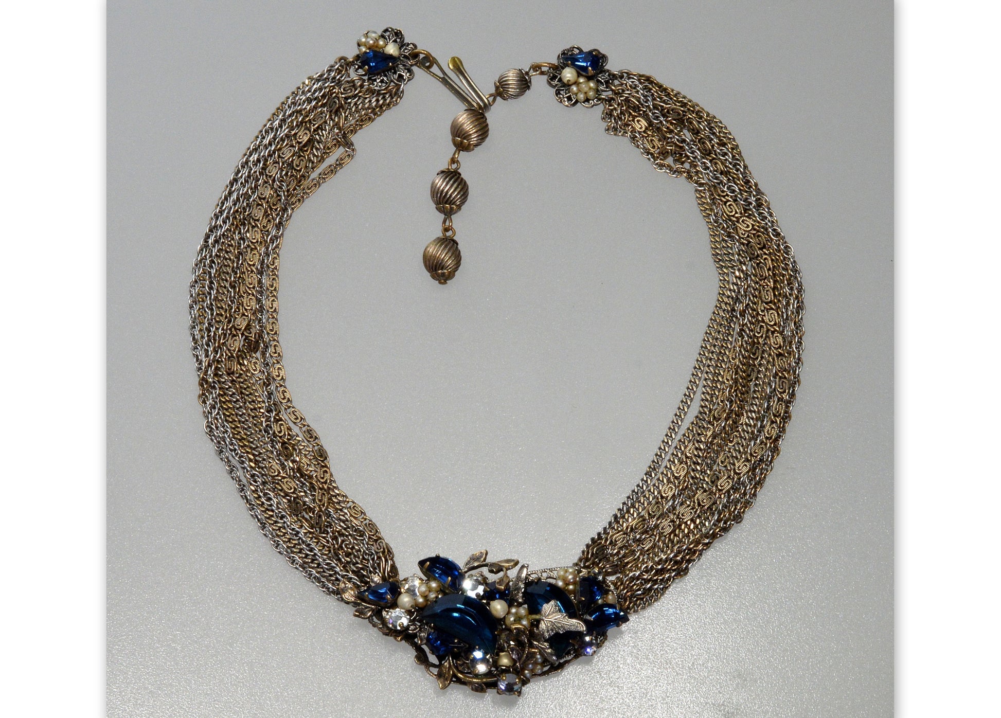 Miriam Haskell By Frank Hess Sapphire Glass Multi Chain Necklace Choker C.1930