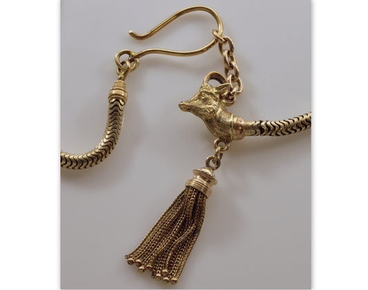 Early Victorian Pinchbeck Snake Chain Figurine 12K Tassel Necklace C.1830