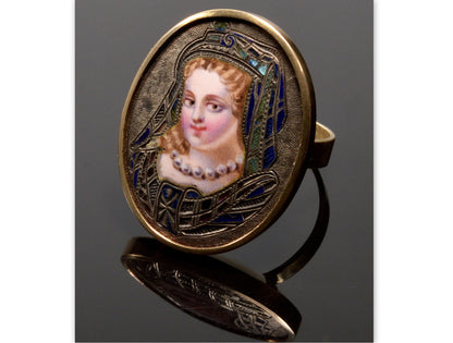 Victorian 14K Gold French Champleve Enamel Ring C.1860 Cameo Portrait of A Princess