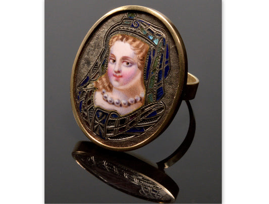 Victorian 14K Gold French Champleve Enamel Ring C.1860 Cameo Portrait of A Princess