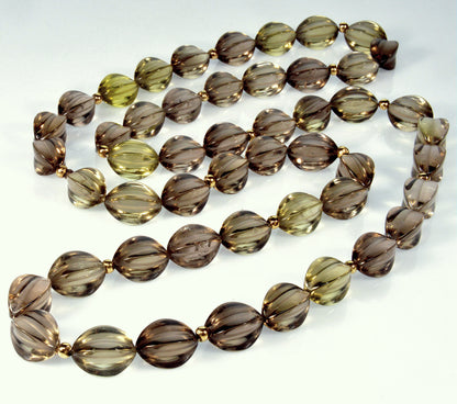 Art Deco 14K Smoky Quartz Fancy Shape Bead Necklace 34" C.1920