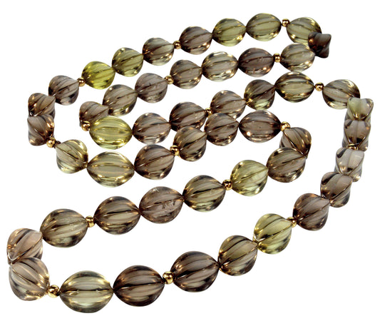 Art Deco 14K Smoky Quartz Fancy Shape Bead Necklace 34" C.1920