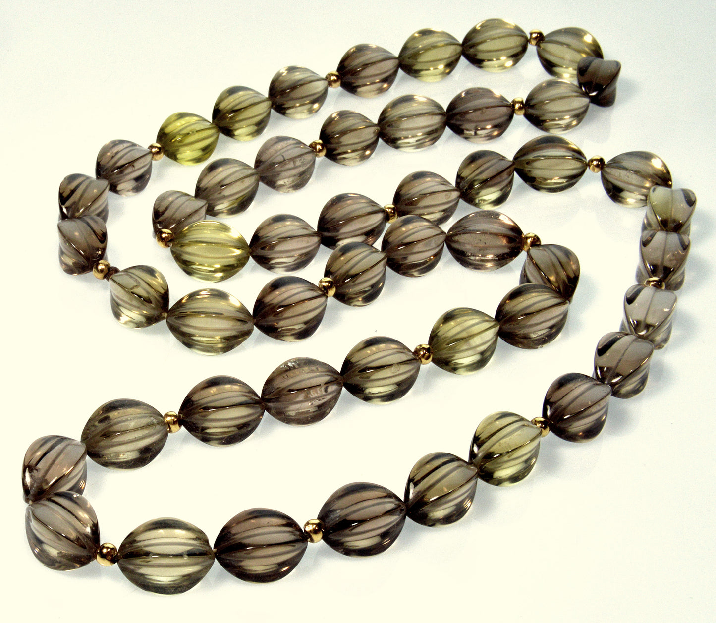 Art Deco 14K Smoky Quartz Fancy Shape Bead Necklace 34" C.1920