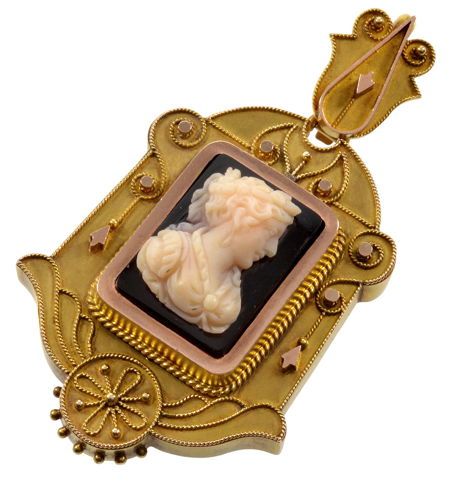 Antique Victorian 18K Gold Etruscan Revival Hardstone Cameo Locket Pendant C.1870