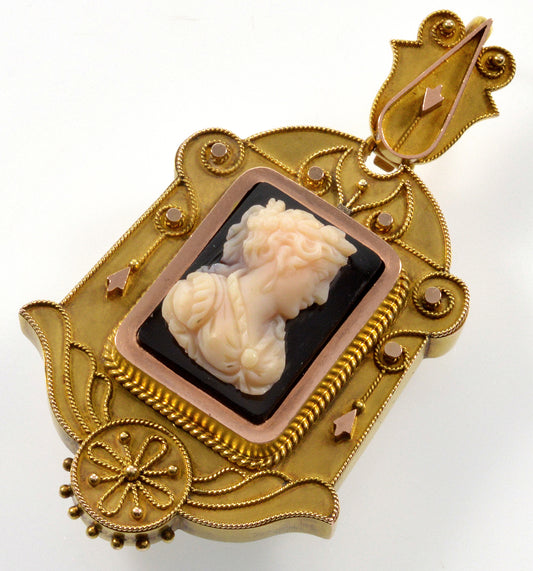 Antique Victorian 18K Gold Etruscan Revival Hardstone Cameo Locket Pendant C.1870