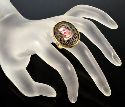 Victorian 14K Gold French Champleve Enamel Ring C.1860 Cameo Portrait of A Princess