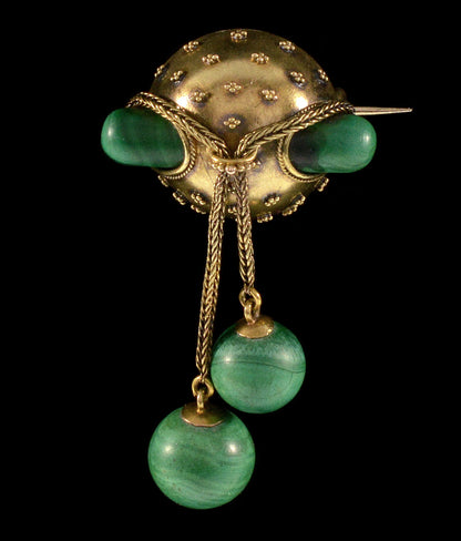 Antique Victorian Etruscan Revival 15K Gold Malachite Brooch Pin C.1880