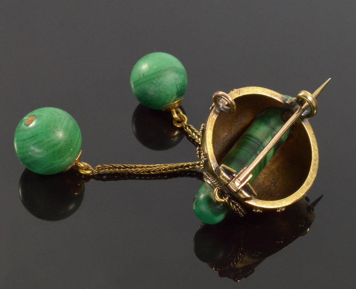Antique Victorian Etruscan Revival 15K Gold Malachite Brooch Pin C.1880